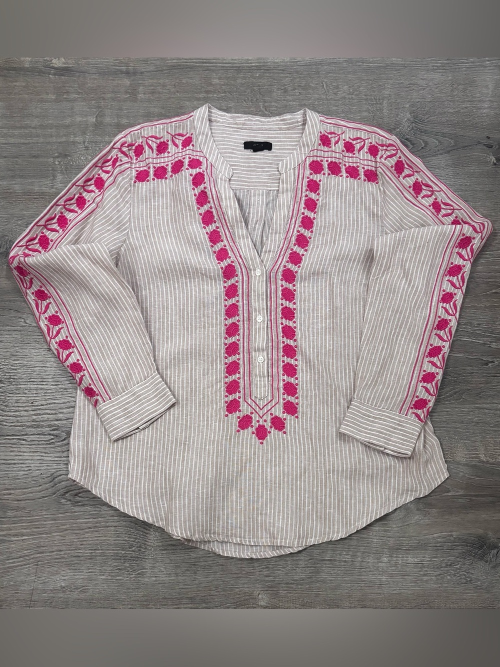 J. Crew Beige White Striped LinenTunic with Hot Pink Embroidery Size Large